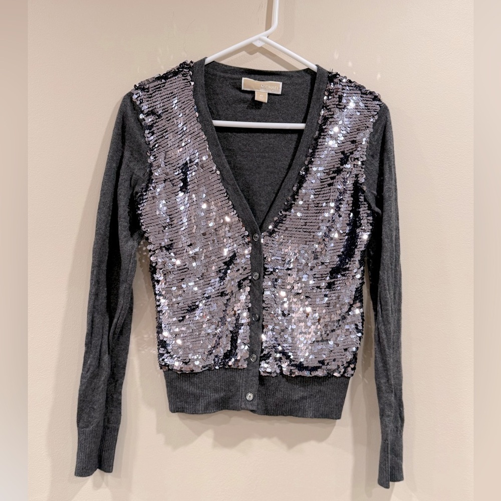 Michael Kors Charcoal Gray Sequin Front V‑Neck Cardigan